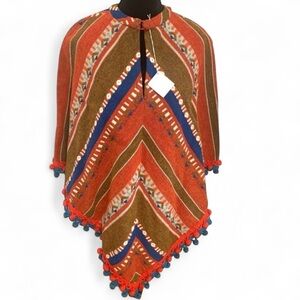 Stylish Multicolor Cape with Pom-Pom Trim